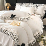 elvesmall Chic Multi Layer Ruffle 3/4/6Pcs White Duvet Cover Set Soft Microfiber Girls Bedding with Cute Bow-Knots Bed Sheet Pillowcases