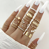 elvesmall Boho Geometric Knuckle Rings Set For Women Artificial Pearl Gold Silver Color Finger Ring Female Party Jewelry Accessories