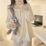 elvesmall Ruffles Sleepwear Women Pajama Sets Lace-up Long Pants Sets 2 Pieces Piiama Solid Korean Style Full Sleeve Autumn Night Wears