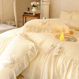 elvesmall Chic Ruffle Lace Edge Sweet Princess Style Nature Soft Skin Friendly 4pcs Bedding set Bed Sheet Pillowcases Twin Queen King