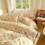 elvesmall Floral Print Pure Cotton Home Bedding Set Lace Edge Duvet Cover Set With Flat Sheet Vintage Rose Comforter Covers Pillowcases