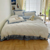 elvesmall Garment Washed Cotton Duvet Cover Set for Boys Girls Sage Matcha Green Bedding Sheets Ruffle Bed Skirt Queen Size Linens King