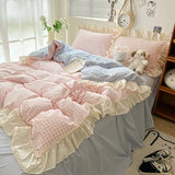elvesmall Ruffled Pink Blue Duvet Cover Set Twin Queen Washed Microfiber Ultra Soft Bedding set Grid Duvet Cover Bed Sheet 2 Pillowcases