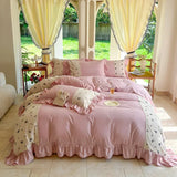 elvesmall Korean Princess Style Chiffon Bedding Set 100% Cotton Elegant King Size Duvet Cover Set with Sheets Quilt Cover and Pillowcases