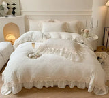 elvesmall French Vintage Double Layer Lace Ruffles Carved Velvet Duvet Cover Set Winter Bedding Set Plush Quilt Cover Bed Sheet Pillowcase