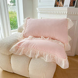 elvesmall Korean Princess Bedding Set Hollow Lace Patchwork Solid Color Lace Ruffle Duver Cover Set Luxury Girls Wedding Home Textiles
