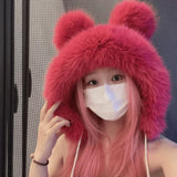 elvesmall Women Winter Warm Kawaii Fox Fur Imitation Mink Plush Hat Thickened Cute Bear Ear Japanese Bomber Hat Ear Protection Cosplay Cap