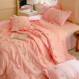 elvesmall Pink Ruffle Comforter Bed Sheet Pillowcases Queen Size Lightweight Fluffy Farmhouse White Ruffle Bedding Set Soft Microfiber