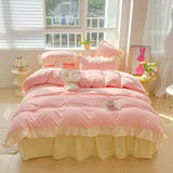 elvesmall Korean Princess Style Bedding Ins Solid Color Duvet Cover Sets With Pillowcae Girls Ruffle Lace Home Textiles Decor Bedroom