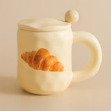 elvesmall  -  1pc Ceramic Mug with Spoon and Lid Cute Ceramic Coffee Milk Cup Cartoon Cup Steaming Microwave Cup kitchenware Gift for Girls