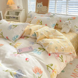 elvesmall Cute Home Comforter Bedding Sets Washed Cotton Duvet Cover Flat Bed Sheet Set Twin Full Queen King Size Bed For Girls Couple