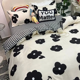 elvesmall  Floral Bedding Set with Flat Sheet Quilt Duvet Cover Pillowcase Bed Linens Boy Girl Single Double Queen Size Home Textile