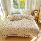 elvesmall Floral Print Pure Cotton Home Bedding Set Lace Edge Duvet Cover Set With Flat Sheet Vintage Rose Comforter Covers Pillowcases