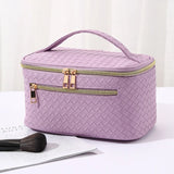 elvesmall PU Leather Cosmetics Bag Large Capacity Makeup Organizers Women Toiletries Organizer Waterproof Female Plaid Storage Makeup Case