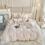 elvesmall  100%Cotton Princess Bedding Set Soft Washed Cotton Flowers Embroidery Lace Ruffles Quilt Cover Set Flat/Fitted Sheet Pillowcases