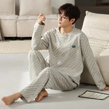 elvesmall  Fashion Design Pajamas Suit Men Spring Autumn Cotton Long Sleeve Male Sleepwear Set Winter Outdoor Nightcloth Breathable Warm