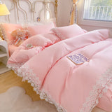 elvesmall  Solid Color Bedding Set with Lace Edge Princess Style Pink Bed Cover Set Queen/King Bed Sheet Sets for Girls Double Bedding Sets