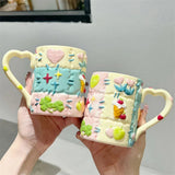 elvesmall  -  Korean Ins Niche Design Ceramic Water Cup Cartoon Cute Hand-painted Patch Plaid Mug Heat-resistant Home Milk Cup with Handle