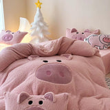 elvesmall  Pink Cartoon Pig Towel Embroidery Bedding Set Warm Thick Winter Duvet Cover Linen Fitted Sheet Pillowcases Gifts For Children