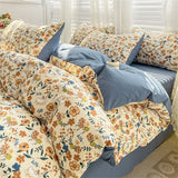 elvesmall Duvet Cover Simple Plant Flower Bed Sheet for Adults and Kids Washed Cotton Floral Pillowcase Home Textiles Four-Piece Bed Set