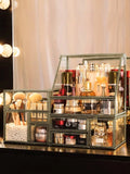 elvesmall Hersoo Glass Antique Brass Stackable Drawer Set Makeup Organizer for Vanity Antique Countertop Vanity Cosmetic Storage Box