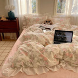 elvesmall Ins Korean Small Fresh Cotton Bed Four-piece Set, Spring and Summer French Lotus Leaf Lace Bed Sheet Quilt Cover Pure Cotton
