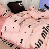 elvesmall  Ins Black Bowknot Bedding Set Pink Bed Flat Sheet Duvet Cover Twin Full Queen Princess Style Bed Linen Girls Floral Quilt Cover