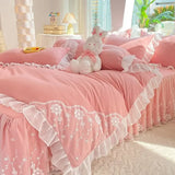 elvesmall  Pink Lace Ruffle Bedding Set Luxury Bed Skirt Sheet Bedspread Korean Duvet Cover Girls Princess Bedspread Pillowcases