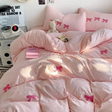 elvesmall Cute Pink Bows Duvet Cover Set, 3D Embroidery Bedding Sets Pink Bed Set, Comfy Queen Comforter Covers Soft for Girls Kids Teens