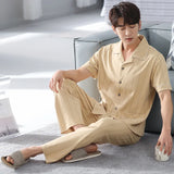elvesmall  High Quality Pyjamas Men Spring Summer Pure Cotton Breathable Pajamas Short Sleeved Cardigan Casual Male Home Cloth Suit Youth