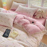 elvesmall Pink Tulip Bedding Set INS Pastoral Flowers Duvet Cover Queen Full Twin Size Flat Bed Sheet Floral Pillowcase Girls Bed Linen