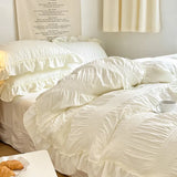 elvesmall Ins Style Korean Lace Seersucker Washed Cotton 4-piece Bed Sheet Quilt Cover Solid Color Duvet Cover For Girl Spring Decor Home