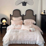 elvesmall High End Chiffon Lace Embroidery Bedding Set Luxury Beige Egyptian Cotton Princess Pleats Duvet Cover Bed Sheet Pillowcases