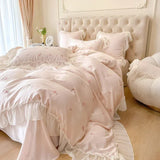 elvesmall  Pink French Style Princess Bedding Set Rose Embroidery Lace Ruffles Lyocell Fabric Soft Silky Duvet Cover Bed Sheet Pillowcases