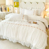 elvesmall Light Luxury French Four-piece Bedding Set Washed Cotton High-grade Fairy Bed Cover Bed Solid Color Bed Sheet Quilt Cover