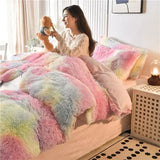 elvesmall  New Winter Warm Plush Duvet Cover Pink Romantic Princess Mink Velvet +Fluffy Flannel Quilt Cover Luxury Bedding Set King Size