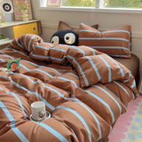 elvesmall Brown Stripe Bedding Comforter Set Pillowcase bed sheet Single Full Size Bed Linen Duvet Cover Set Queen/King Double Single Bed