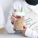 elvesmall  -  Kawaii Cat Bubble Tea Glass Water Bottle With Straw PU Sleeve Cute Boba Coffee Milk Cups Portable Girl Drinking Bottle BPA Free