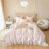 elvesmall  Pink French Style Princess Bedding Set Rose Embroidery Lace Ruffles Lyocell Fabric Soft Silky Duvet Cover Bed Sheet Pillowcases