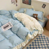 elvesmall Ins Princess Bedding Set 2024 New Duvet Cover Fresh Blue Solid Color Floral Wrinkled Yann Bed Set Of Four Pieces Bed Sheets