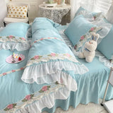 elvesmall Korean Princess Bedding Set Flowers Lace Ruffles Duvet Cover Set Bed Sheet Pillowcase Solid Color Bed Linen for Girls Queen Size