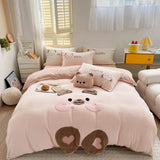 elvesmall  Cute Cartoon Bear Soft Comfortable Velvet Fleece Towel Embroidery Bedding Set Duvet Cover Linen Fitted Sheet Pillowcases