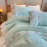 elvesmall Girls Pastel Pink Bedding Set Queen King Size Luxury Embroidery Lace Ruffle Quilt Duvet Cover Pillow Shams Double Bed Linen