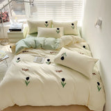 elvesmall Ins Embroidery  Bed Linen Twin Full Queen King Size  Bed Sheets Set  Adults Kids Floral Bed Flat Sheet Pillowcase Christmas Gift
