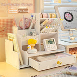 elvesmall  Mark Pen Pencil Holder Wooden Desk Organizers Shelves Accessories Desktop Stationery Organizer Bookshelf Home Office Storage Box
