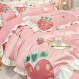 elvesmall High-value Cute Princess Wind Four-piece Set Cotton 100 Cotton Strawberry Embroidery Small Fresh Bed Linen Bedding