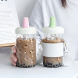 elvesmall  -  Kawaii Cat Bubble Tea Glass Water Bottle With Straw PU Sleeve Cute Boba Coffee Milk Cups Portable Girl Drinking Bottle BPA Free