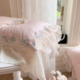 elvesmall  Princess Bedding Sets Egyptian Cotton Pink Lace Flowers Embroidery Duvet Cover Bed Sheet Pillowcases Home Textile