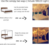 elvesmall 8 Corner Bed Canopy with 100 LED Star String Lights Battery Operated, Mosquito Net For Bed 4 Door Square Canopy Bed Curtains