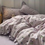 elvesmall French Style Bedding Set Pastoral Colored Grape Double-layer Gauze  Light Purple Washing Cotton Duvet Cover Bed Sheet Comforter